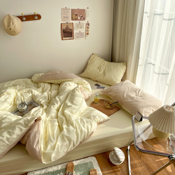 91家纺网 家纺一手货源 找家纺 安莱生活 2021新款芝士纯色/双拼四件套 芝士双拼米白