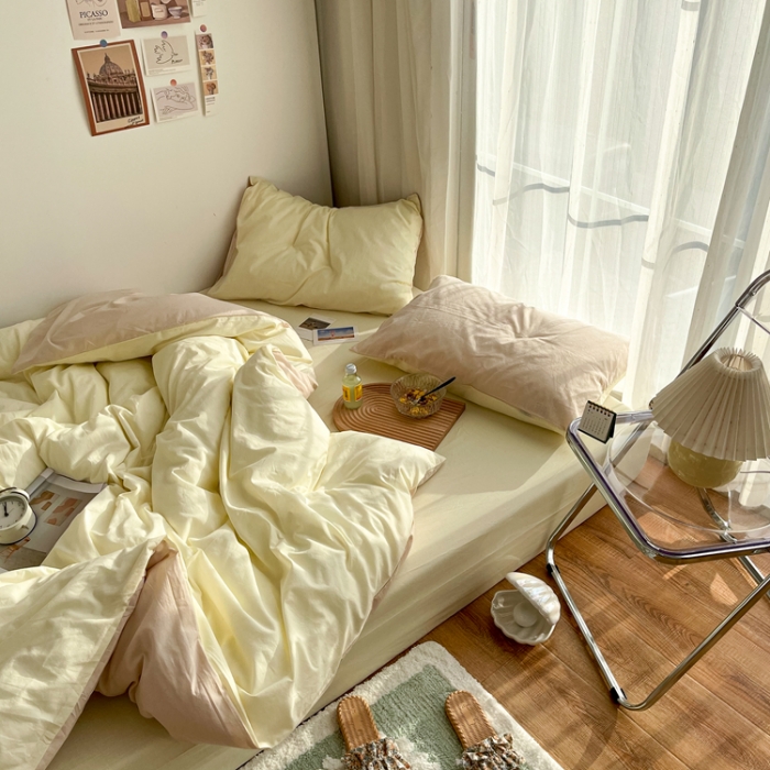 91家纺网 家纺一手货源 找家纺 安莱生活 2021新款芝士纯色/双拼四件套 芝士双拼米白