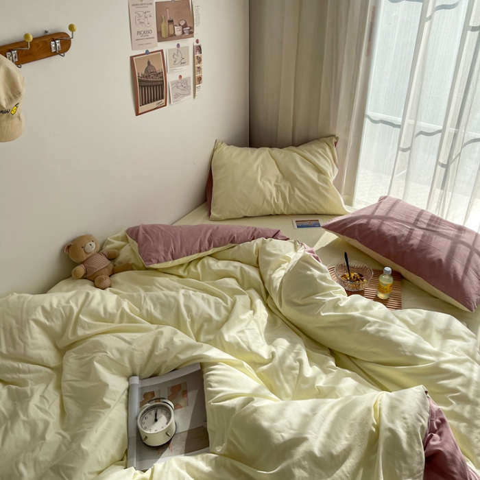 91家纺网 家纺一手货源 找家纺 安莱生活 2021新款芝士纯色/双拼四件套 芝士双拼藕粉