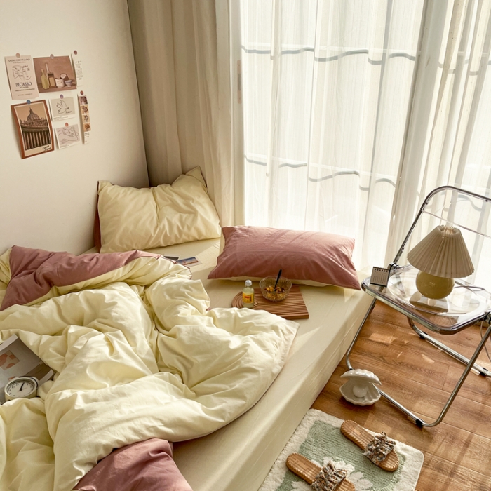 91家纺网 家纺一手货源 找家纺 安莱生活 2021新款芝士纯色/双拼四件套 芝士双拼藕粉