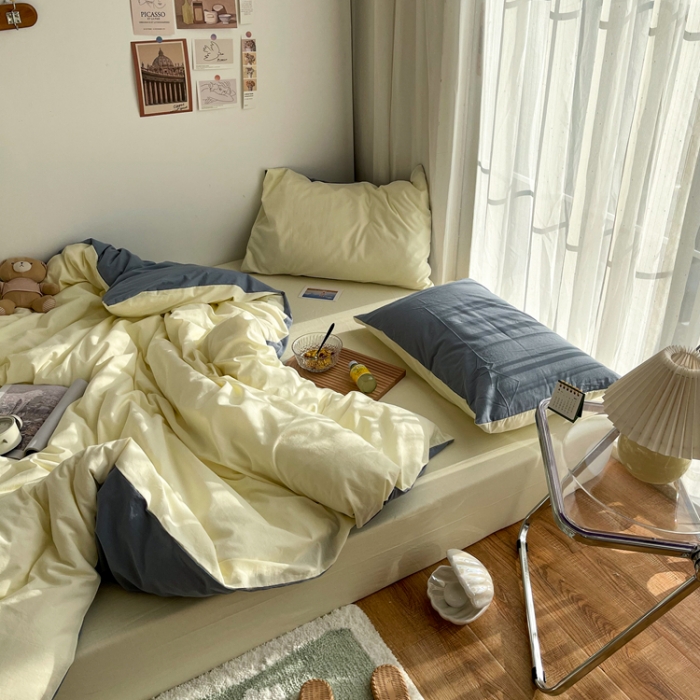 91家纺网 家纺一手货源 找家纺 安莱生活 2021新款芝士纯色/双拼四件套 芝士双拼雾蓝