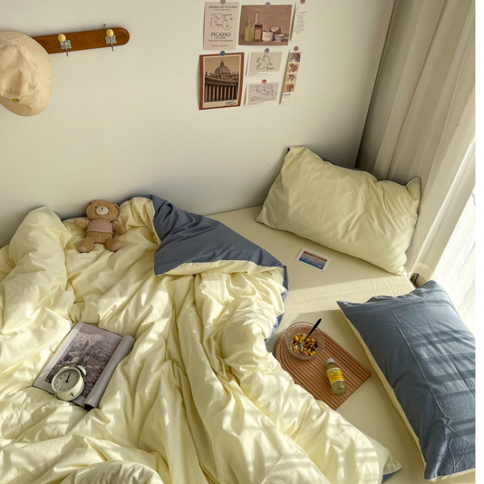 91家纺网 家纺一手货源 找家纺 安莱生活 2021新款芝士纯色/双拼四件套 芝士双拼雾蓝