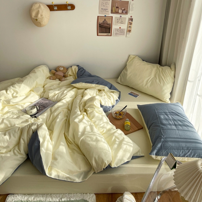 91家纺网 家纺一手货源 找家纺 安莱生活 2021新款芝士纯色/双拼四件套 芝士双拼雾蓝