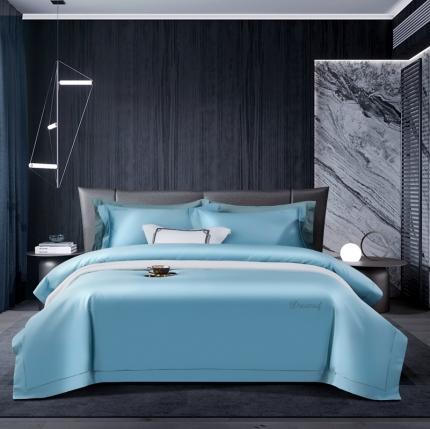 91家纺网 家纺一手货源 找家纺 玖玖爱2021新款100支纯色埋绳刺绣贡缎长绒棉四件套奢蔚蓝