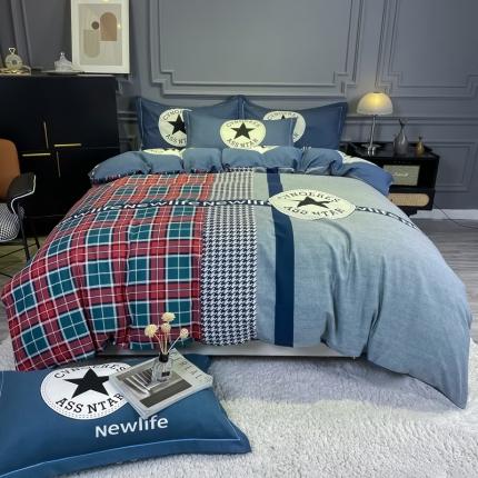 91家纺网 家纺一手货源 找家纺 （总）金爱家 2021新款大版磨毛条格简约四件套