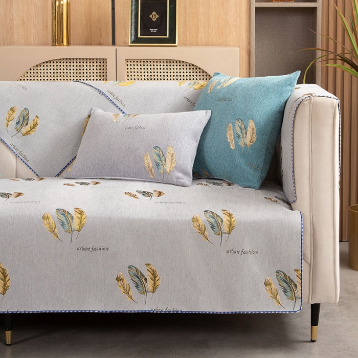 91家纺网 家纺一手货源 找家纺 启博家纺 2022全盖雪尼尔沙发巾沙发垫沙发套沙发罩 灰色羽毛