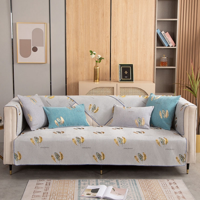 91家纺网 家纺一手货源 找家纺 启博家纺 2022全盖雪尼尔沙发巾沙发垫沙发套沙发罩 灰色羽毛