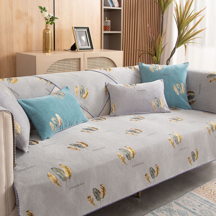 91家纺网 家纺一手货源 找家纺 启博家纺 2022全盖雪尼尔沙发巾沙发垫沙发套沙发罩 灰色羽毛