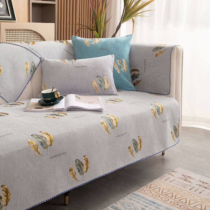 91家纺网 家纺一手货源 找家纺 启博家纺 2022全盖雪尼尔沙发巾沙发垫沙发套沙发罩 灰色羽毛