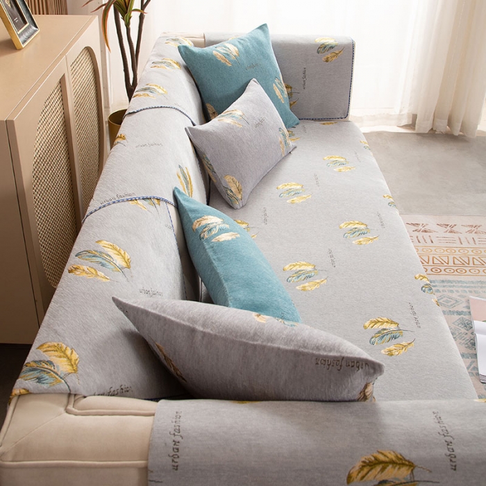 91家纺网 家纺一手货源 找家纺 启博家纺 2022全盖雪尼尔沙发巾沙发垫沙发套沙发罩 灰色羽毛