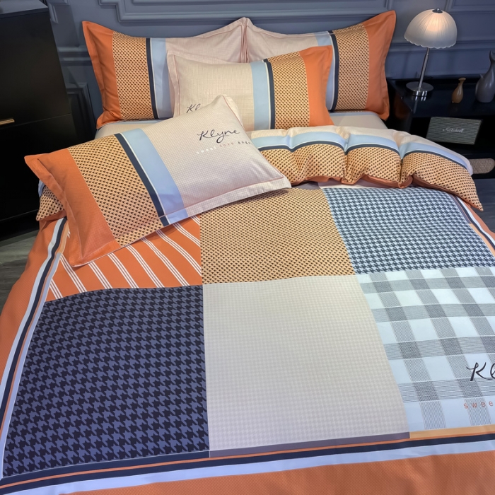 91家纺网 家纺一手货源 找家纺 金爱家 2021新款大版磨毛条格简约四件套 罗妮