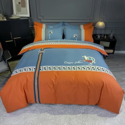 金爱家2021新款大版磨毛条格简约四件套追电-桔