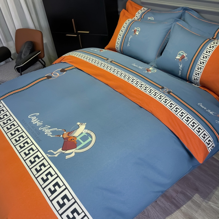 91家纺网 家纺一手货源 找家纺 金爱家2021新款大版磨毛条格简约四件套追电-桔