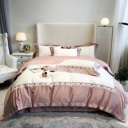 91家纺网 家纺一手货源 找家纺 馨蕊2021新款100支双股澳棉刺绣四件套-芭莎夫人 粉豆沙
