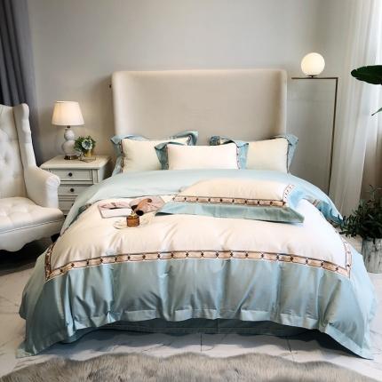 91家纺网 家纺一手货源 找家纺 馨蕊 2021新款100支双股澳棉刺绣四件套-芭莎夫人湖水蓝