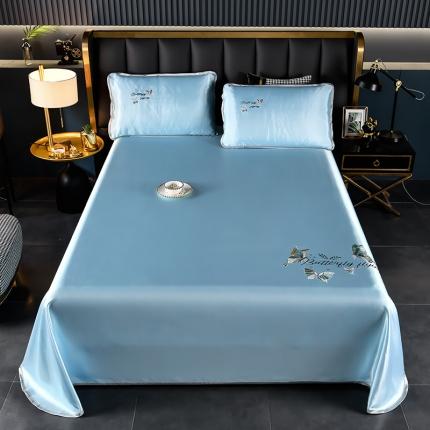 芃成家纺 2021新款冰丝凉席刺绣床单款 蝴蝶浅蓝