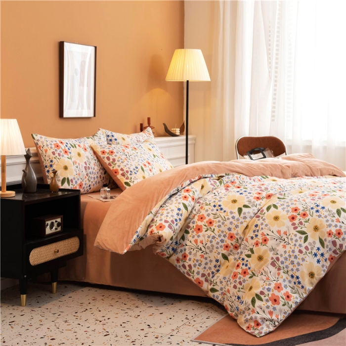 91家纺网 家纺一手货源 找家纺 芃成家纺 2021新款棉加绒四件套 花田梦