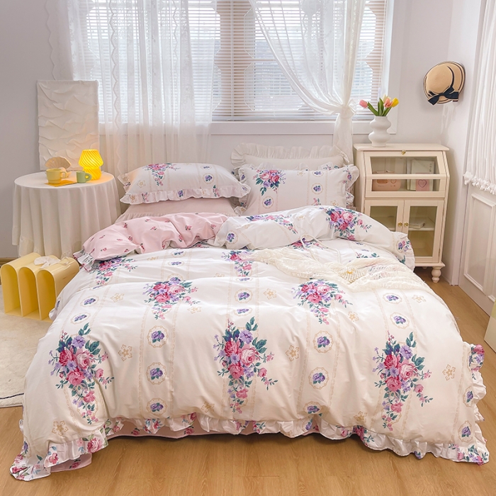 91家纺网 家纺一手货源 找家纺 曼之夏 2022新款全棉花边款床裙四件套 花满庭