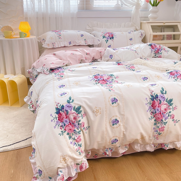 91家纺网 家纺一手货源 找家纺 曼之夏 2022新款全棉花边款床裙四件套 花满庭