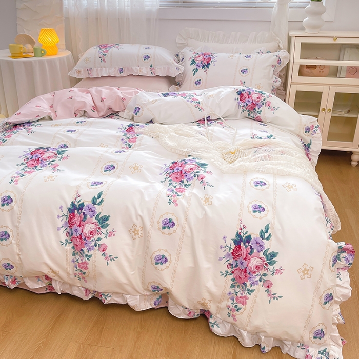 91家纺网 家纺一手货源 找家纺 曼之夏 2022新款全棉花边款床裙四件套 花满庭