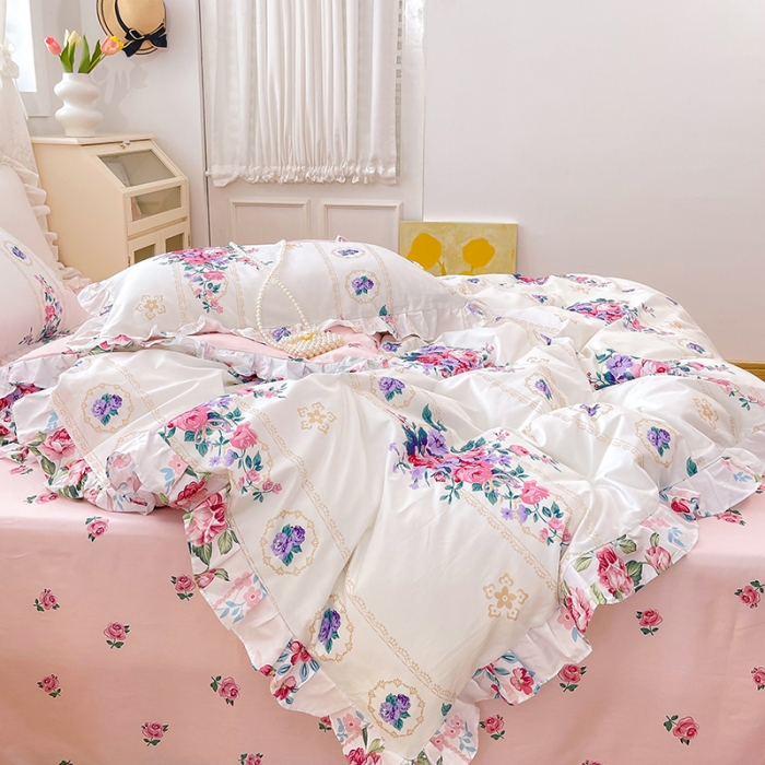 91家纺网 家纺一手货源 找家纺 曼之夏 2022新款全棉花边款床裙四件套 花满庭