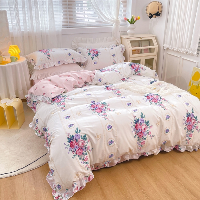 91家纺网 家纺一手货源 找家纺 曼之夏 2022新款全棉花边款床裙四件套 花满庭