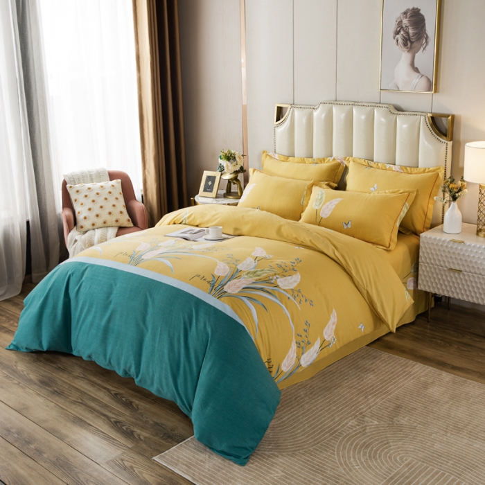91家纺网 家纺一手货源 找家纺 金纱玉纺 2022新款全棉磨毛四件套 繁花似锦-黄