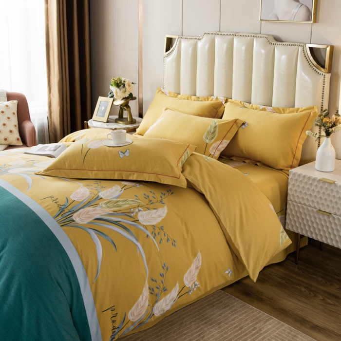 91家纺网 家纺一手货源 找家纺 金纱玉纺 2022新款全棉磨毛四件套 繁花似锦-黄