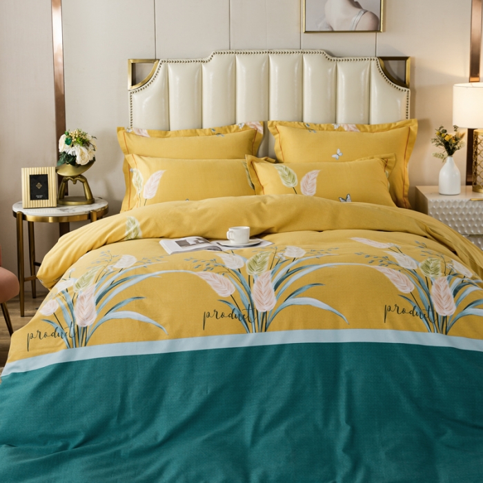 91家纺网 家纺一手货源 找家纺 金纱玉纺 2022新款全棉磨毛四件套 繁花似锦-黄