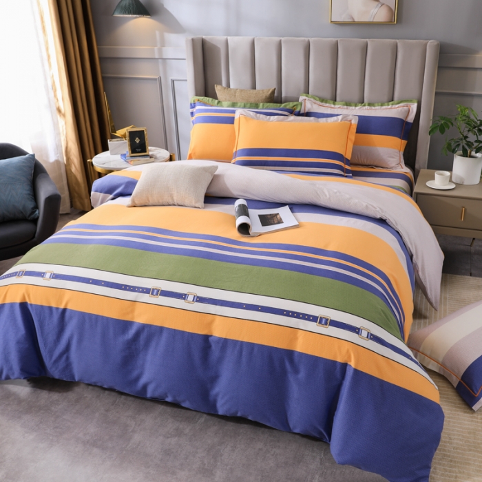 91家纺网 家纺一手货源 找家纺 金纱玉纺 2022新款全棉磨毛四件套 炫彩条纹-蓝