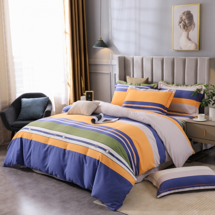 91家纺网 家纺一手货源 找家纺 金纱玉纺 2022新款全棉磨毛四件套 炫彩条纹-蓝