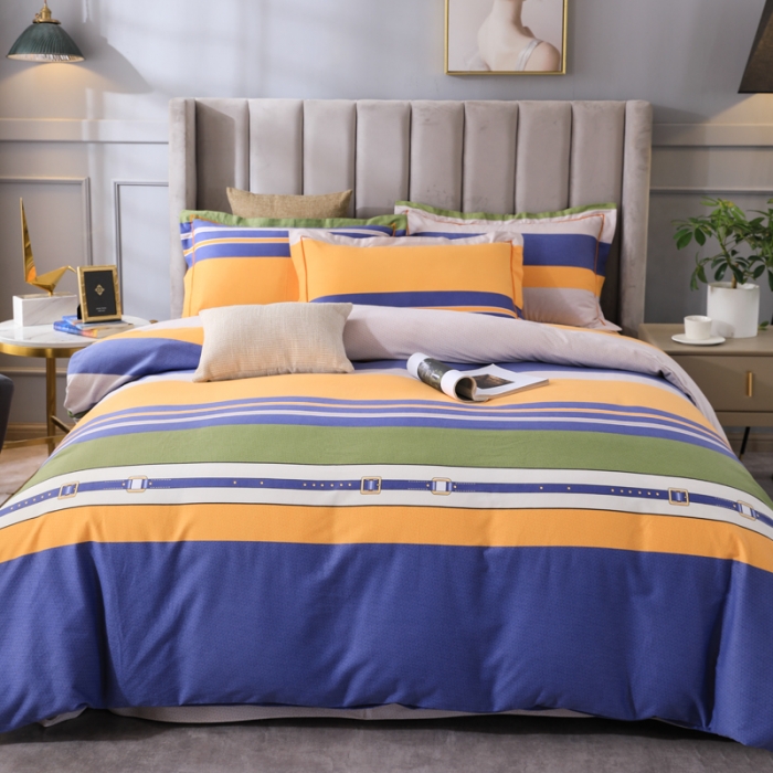 91家纺网 家纺一手货源 找家纺 金纱玉纺 2022新款全棉磨毛四件套 炫彩条纹-蓝