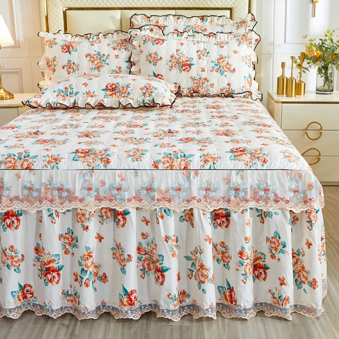 91家纺网 家纺一手货源 找家纺 宜凡 2021新款全棉印花夹棉床裙-床裙三件套 红颜