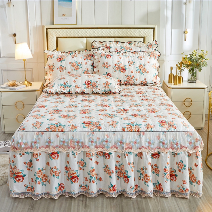 91家纺网 家纺一手货源 找家纺 宜凡 2021新款全棉印花夹棉床裙-床裙三件套 红颜