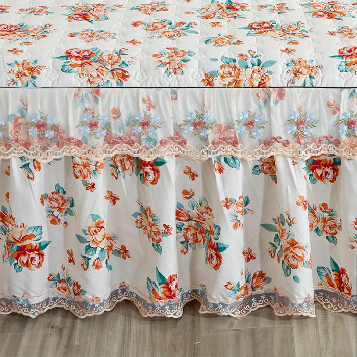 91家纺网 家纺一手货源 找家纺 宜凡 2021新款全棉印花夹棉床裙-床裙三件套 红颜