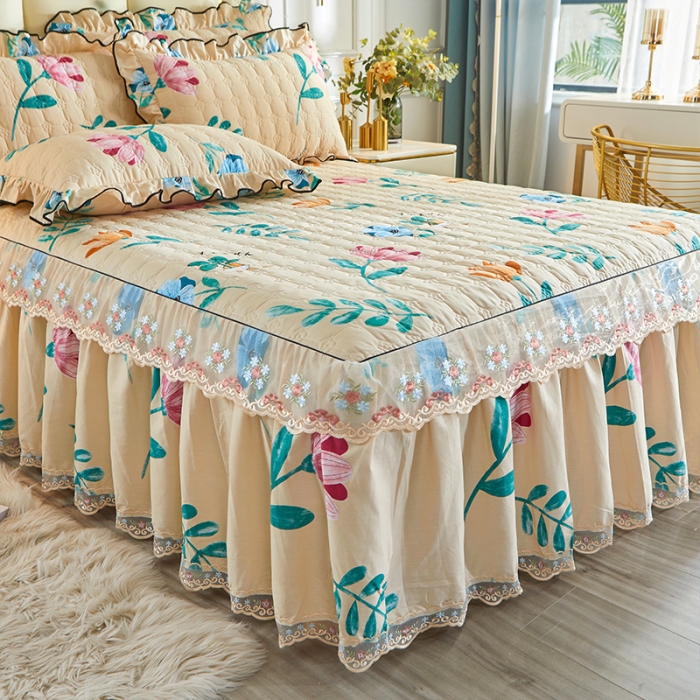 91家纺网 家纺一手货源 找家纺 宜凡 2021新款全棉印花夹棉床裙-床裙三件套 流年