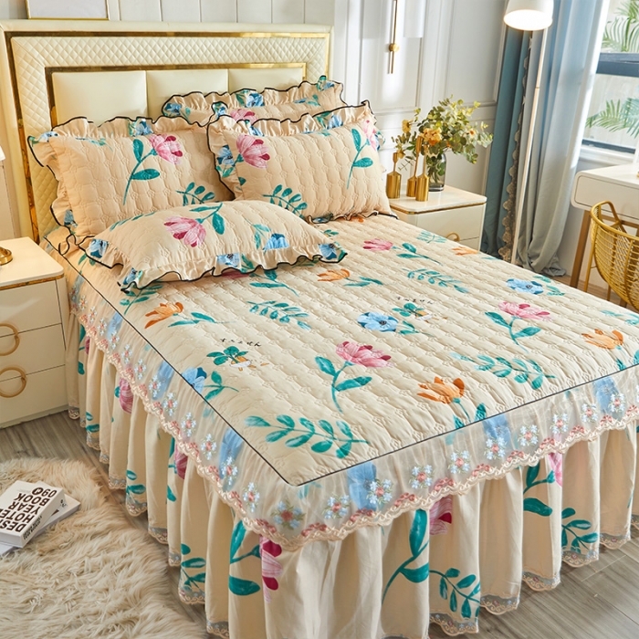 91家纺网 家纺一手货源 找家纺 宜凡 2021新款全棉印花夹棉床裙-床裙三件套 流年