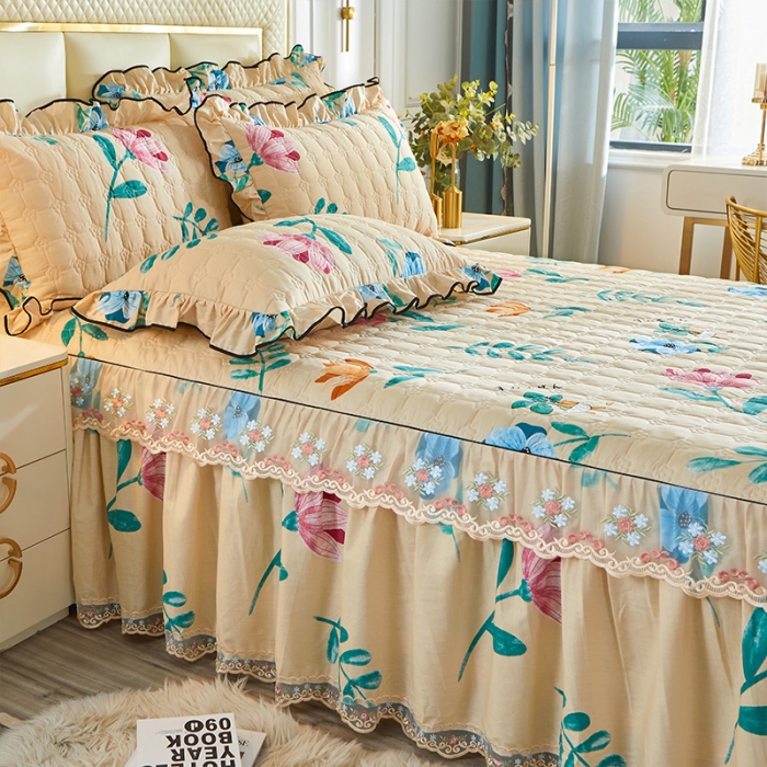 91家纺网 家纺一手货源 找家纺 宜凡 2021新款全棉印花夹棉床裙-床裙三件套 流年