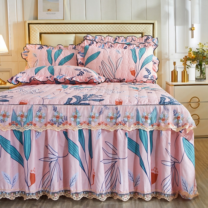 91家纺网 家纺一手货源 找家纺 宜凡 2021新款全棉印花夹棉床裙-床裙三件套 慕夏 粉