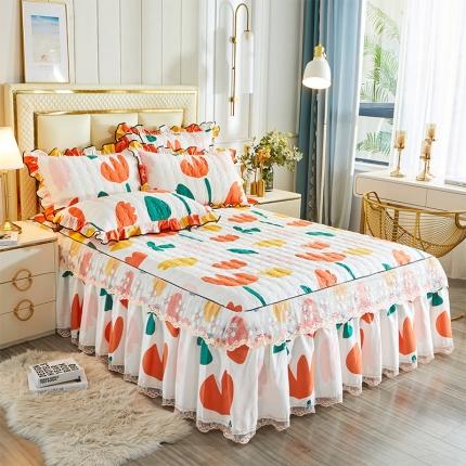 宜凡 2021新款全棉印花夹棉床裙-床裙三件套 阳光花语