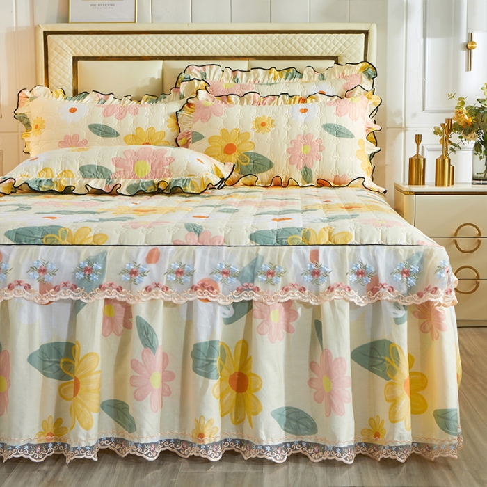 91家纺网 家纺一手货源 找家纺 宜凡 2021新款全棉印花夹棉床裙-床裙三件套 莫奈