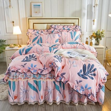 91家纺网 家纺一手货源 找家纺 宜凡 2021新款全棉印花夹棉床裙-床裙四件套 慕夏 粉