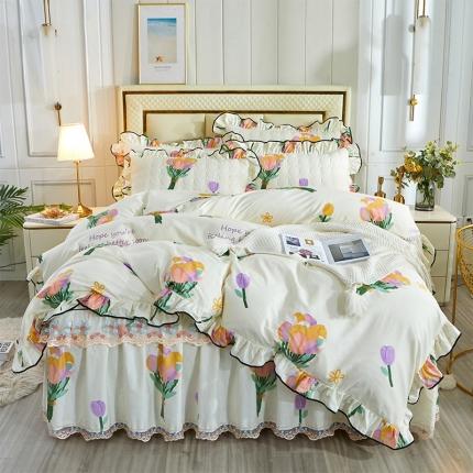 91家纺网 家纺一手货源 找家纺 宜凡 2021新款全棉印花夹棉床裙-床裙四件套 小束花