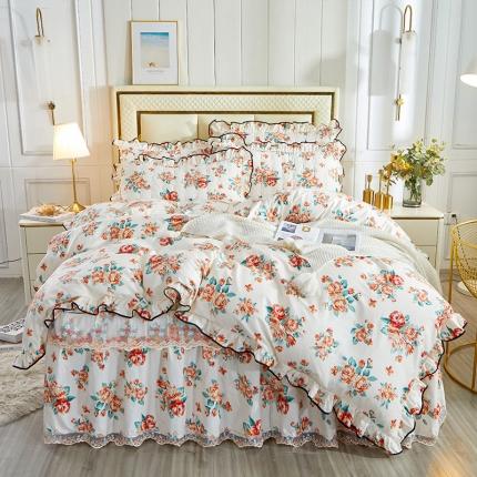 宜凡 2021新款全棉印花夹棉床裙-床裙四件套 红颜