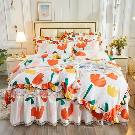 宜凡 2021新款全棉印花夹棉床裙-床裙四件套 阳光花语