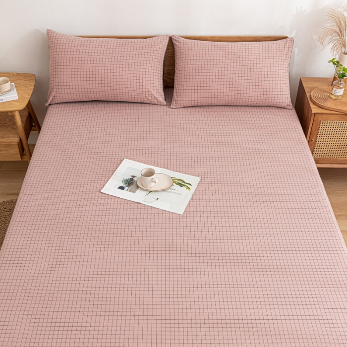 91家纺网 家纺一手货源 找家纺 蓝巢家纺 2021新款全棉水洗棉单床笠 丁香粉格