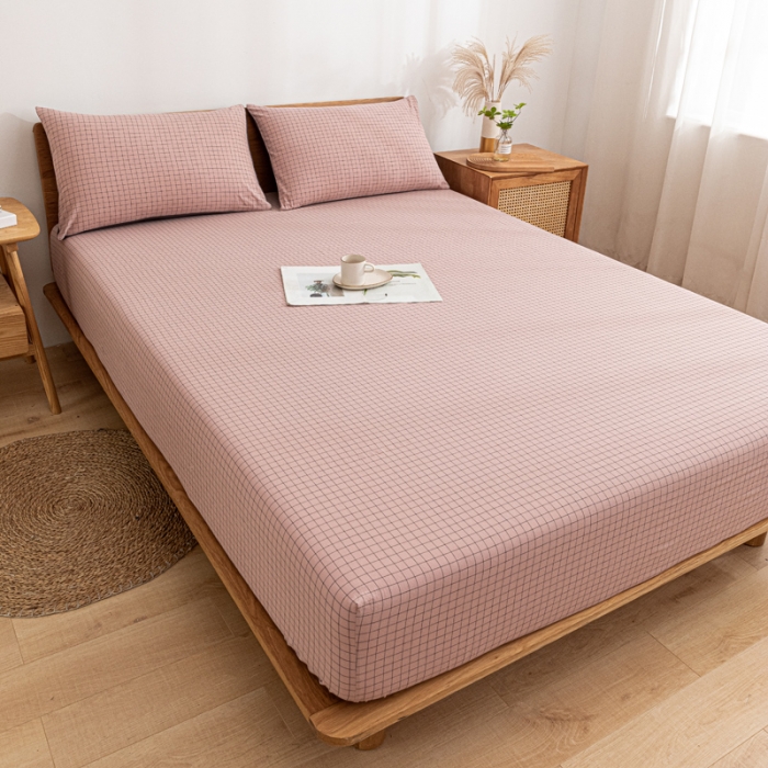 91家纺网 家纺一手货源 找家纺 蓝巢家纺 2021新款全棉水洗棉单床笠 丁香粉格