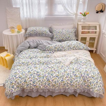 91家纺网 家纺一手货源 找家纺 金丝鸟 2021新款全棉韩版床裙款四件套 紫色牵牛床裙款