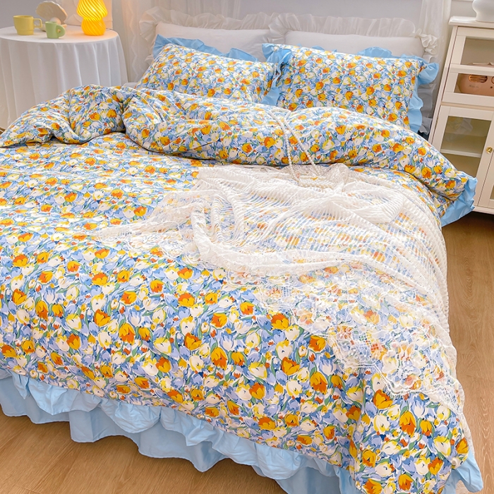 91家纺网 家纺一手货源 找家纺 金丝鸟 2021新款全棉韩版床裙款四件套 巴黎花园床裙款