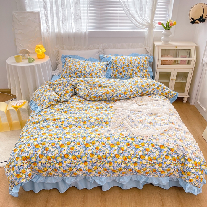 91家纺网 家纺一手货源 找家纺 金丝鸟 2021新款全棉韩版床裙款四件套 巴黎花园床裙款